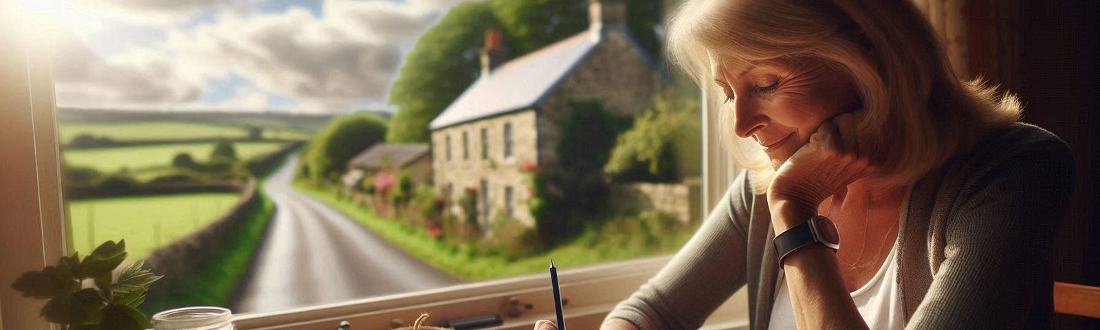 A middle-aged woman sat at a desk journaling with a window view of a country lane under sunny skies