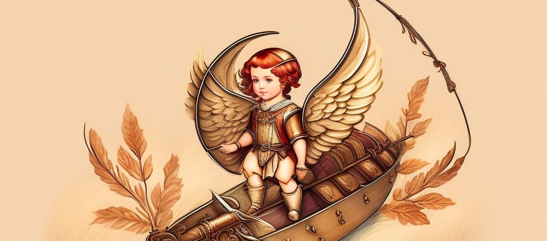 a medieval little angelic cupid with bow and arrow by Amy Potter using https://lexica.art/