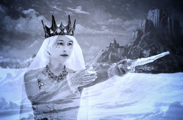 The crowned Queen of Winter near her castle in the ice and snow.