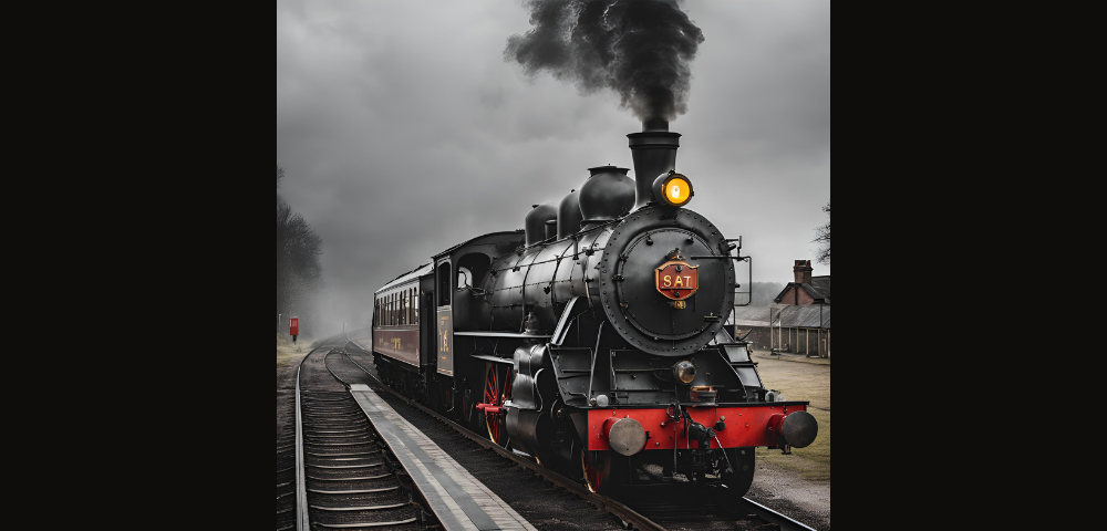 old-fashioned steam train leaving the station, grey sky