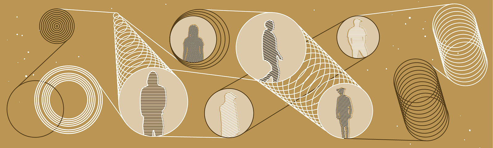 An abstract illustration of several individuals shown in profile connected in a complex network