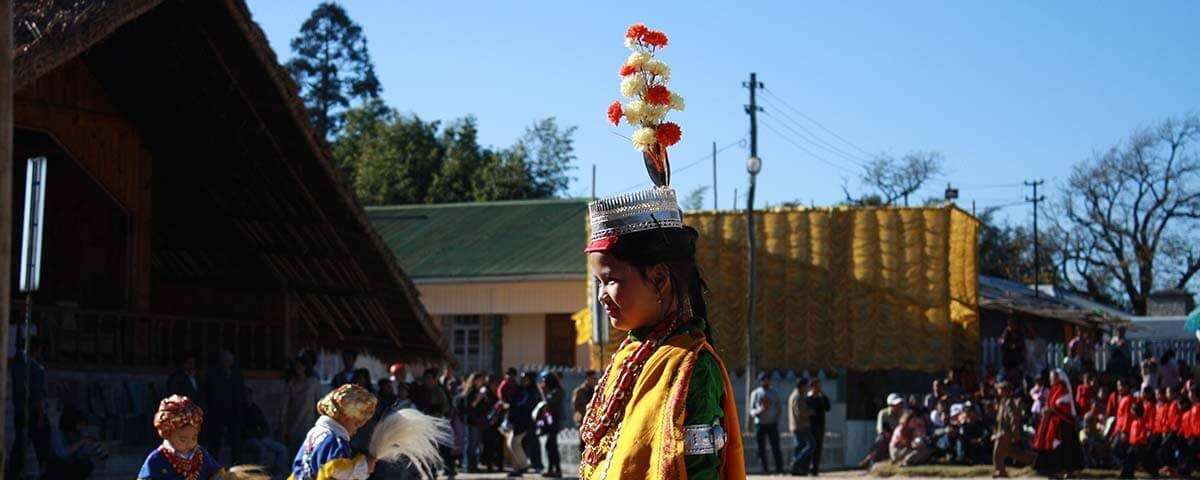 Young people taking part in the traditional ceremony of the Khasi tribe called Shad Nongkrem (Dance of Nongkrem).