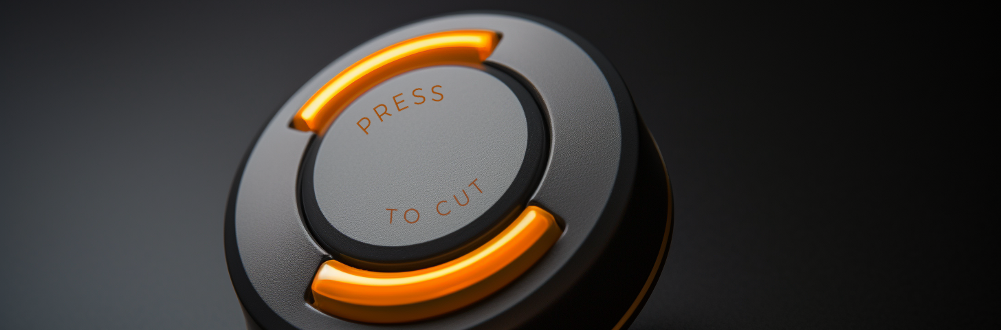 A black button with orange lit highlights and the words “Press to Cut” written on it.