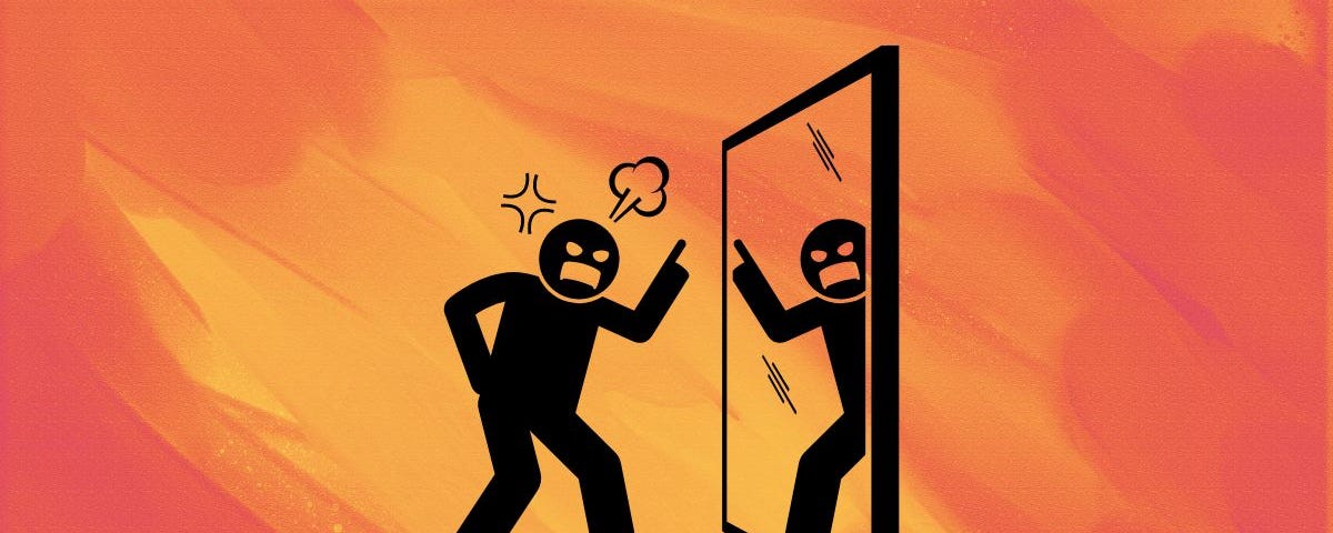 A black graphic of a person cursing themselves in the mirror — orange background