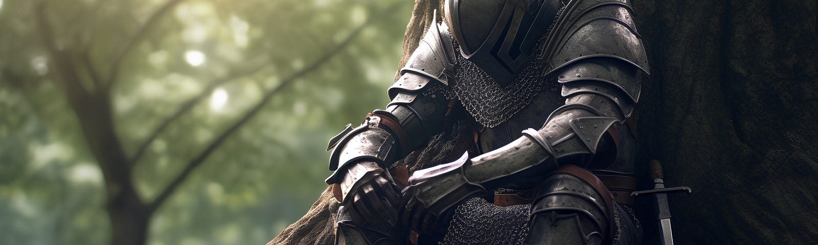 Medieval knight sitting under a tree in the forest. Fantasy medieval period.