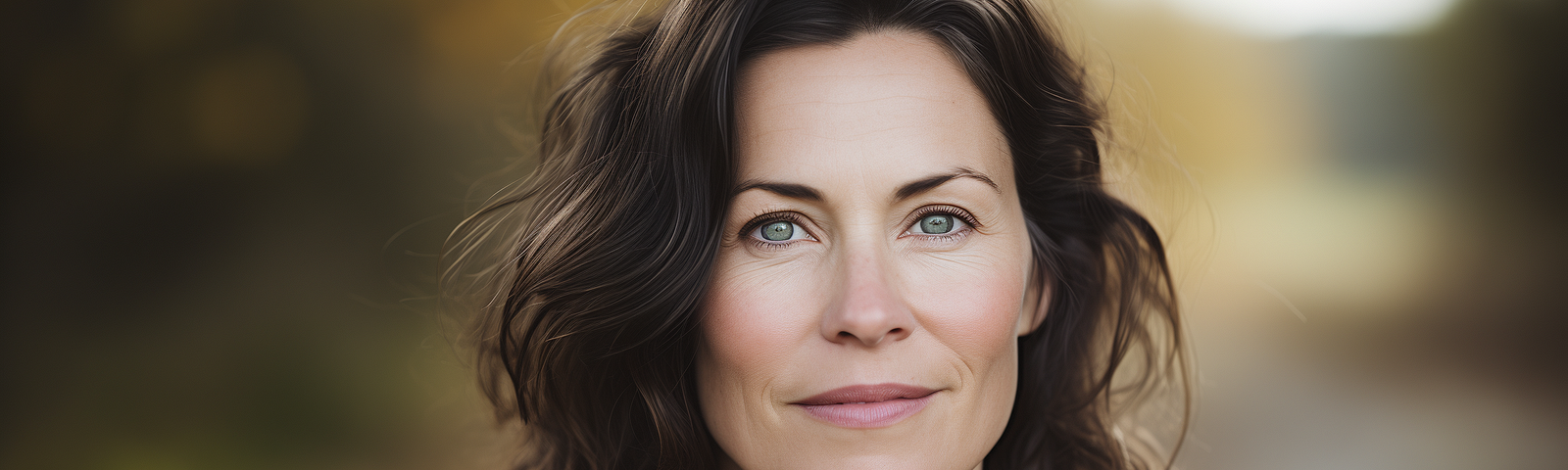 a middle-aged woman, brunette, looking deeply and intently into the camera, stock photo, bright, airy
