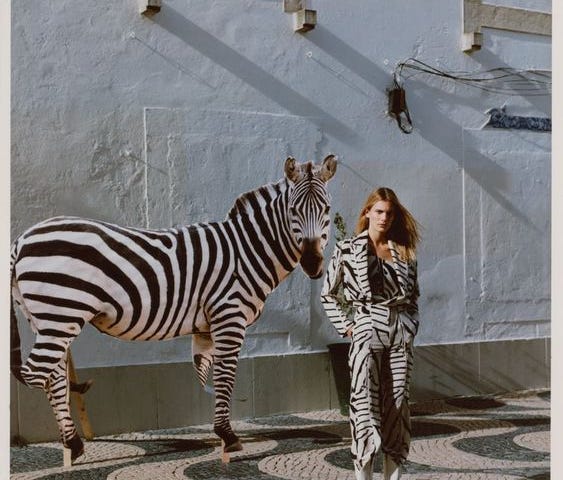 Model poses with zebra