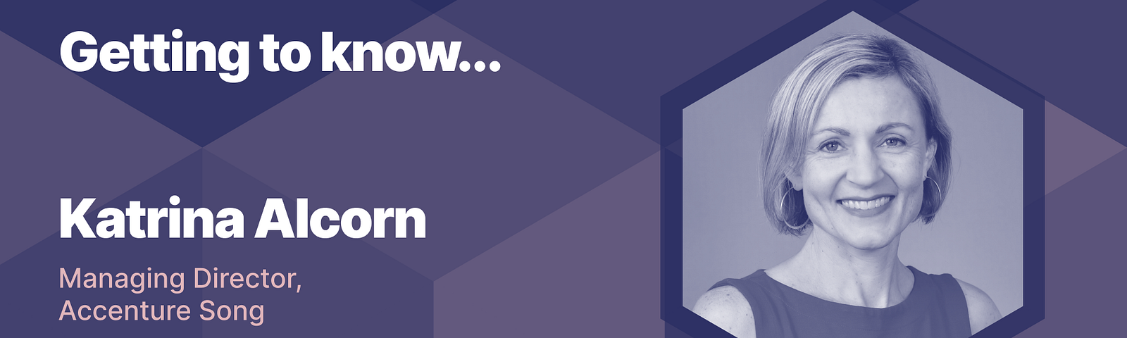 The image is a promotional graphic for the “Leading Design London” event, scheduled for **6–7 November 2024**. The central text reads: **”Getting to know… Katrina Alcorn”** Underneath, it states **”Managing Director, Accenture Song”**. In the lower-left corner, the **Leading Design London** logo is displayed, along with the event details and the date. On the right side of the graphic, there is a hexagonal frame containing a portrait of **Katrina Alcorn**, who is smiling.