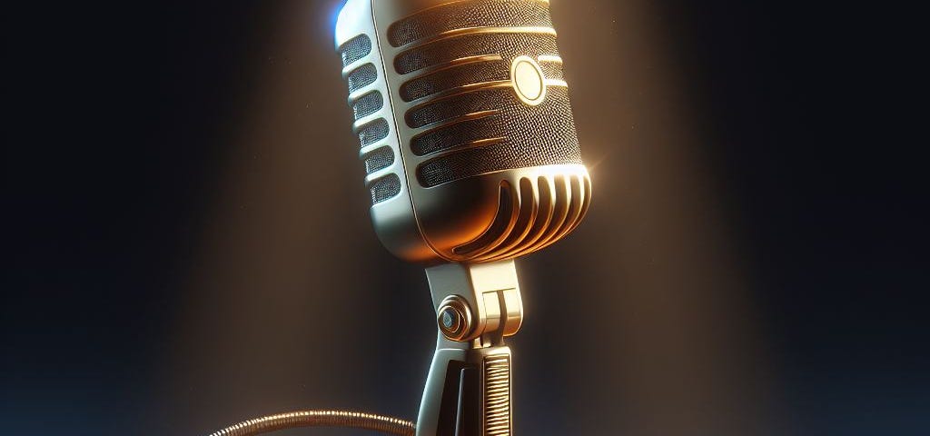 A 3D illustration of a microphone, illuminated with a focus light.