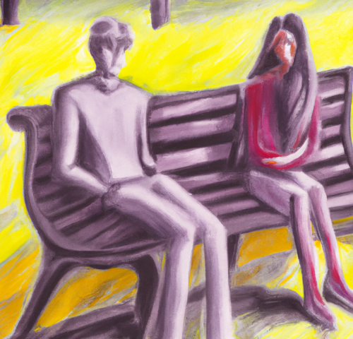 Clash of hearts man and woman sitting on a bench