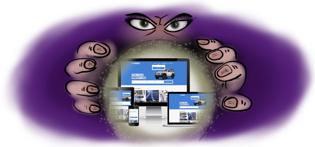 A soothsayer looking into a crystal ball, which shows a responsive website