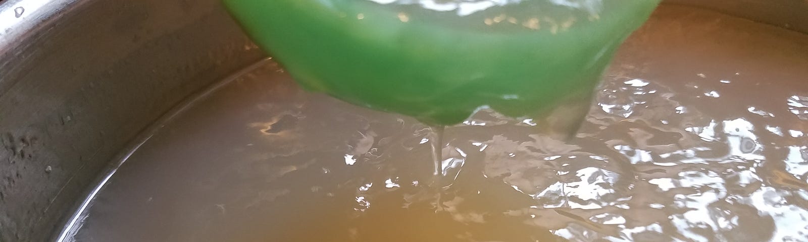 Close up photo of a pot with gelatinous poultry stock and a green ladle filled with stock just over it.