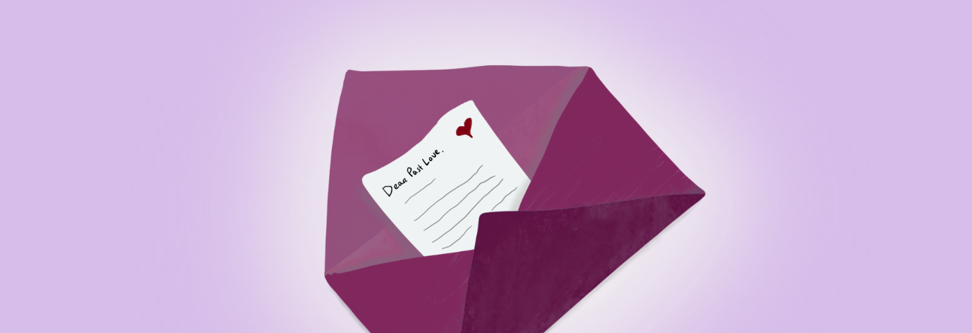 Opened purple envelope with slim white love note inside reading “Dear Past Love” and a small heart drawn on the upper right corner of the note
