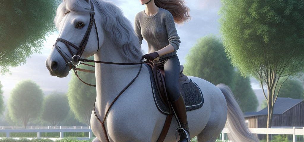 realistic image of a young teenage girl rider cantering in a circular paddock surrounding by trees