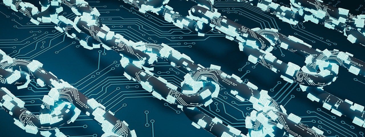 IMAGE: Several digital chains over a background of electronic circuits