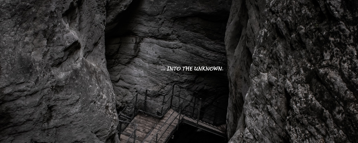 Photo of a wooden staircase with metal guard rails going down several levels into inside a rock formation with caves. The staircase leads to a dark cave. The text on the photo says “Step out of your comfort zone and into the unknown.”