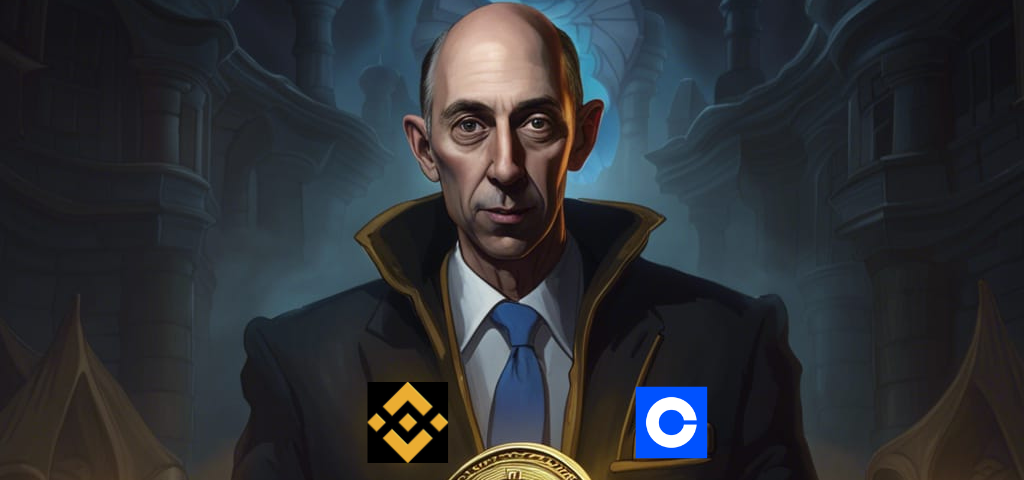 There is Gary Gensler on the picture holding Bitcoin in his hands and with Binance and Coinbase logos on his coat