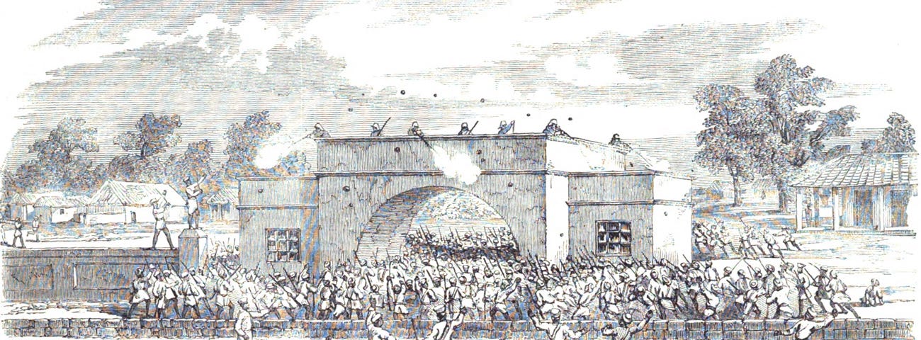 Illustration of East Indian Railway Water-Tank at Barwarie, showing defenders on the roof of the building and a crowd surrounding it.