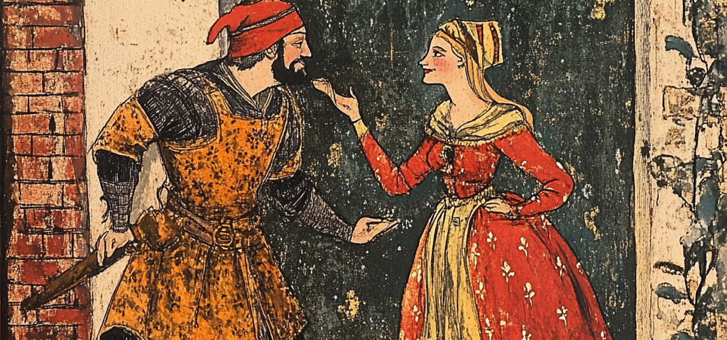 image of medieval noble lovers flirting