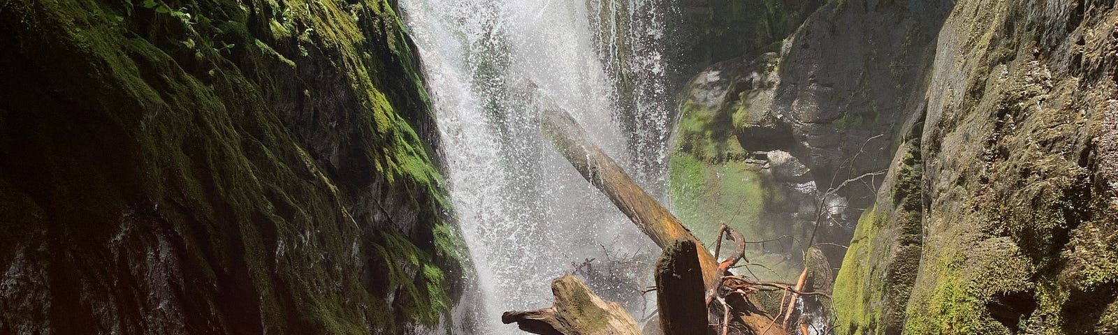 The front end of a red kayak approaches a waterfall. Large logs are visible at the base of the falls.