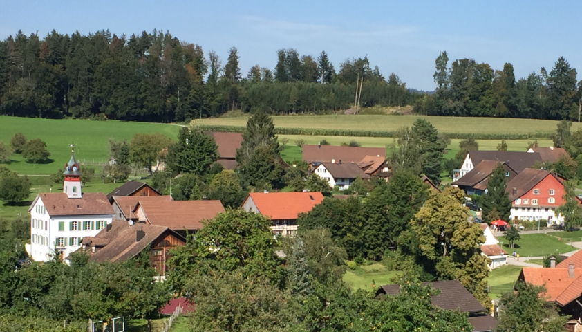 Quaint Swiss farmer’s village set amidst green fields and trees