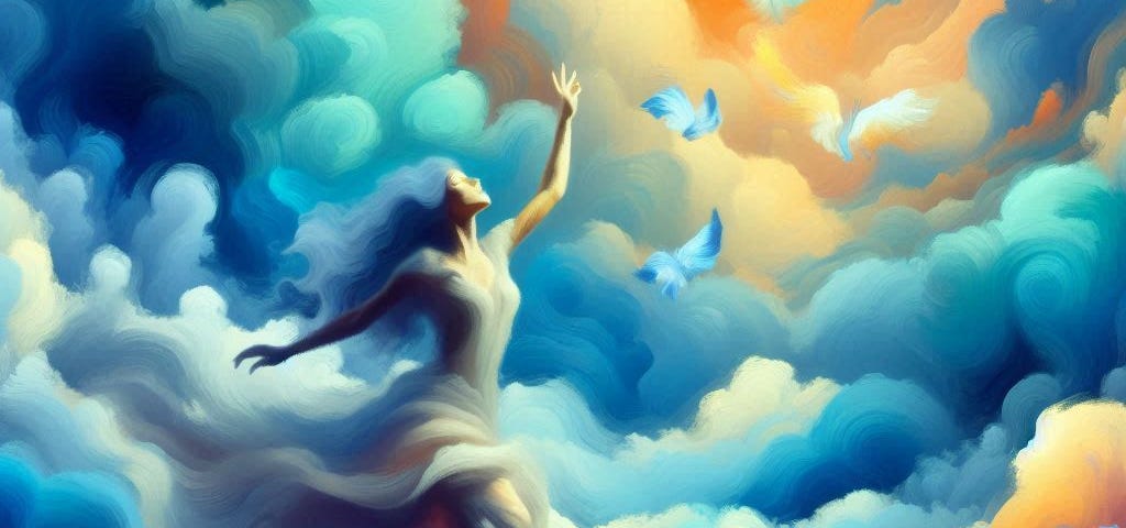 a woman reaching for the clouds, with pretty birds