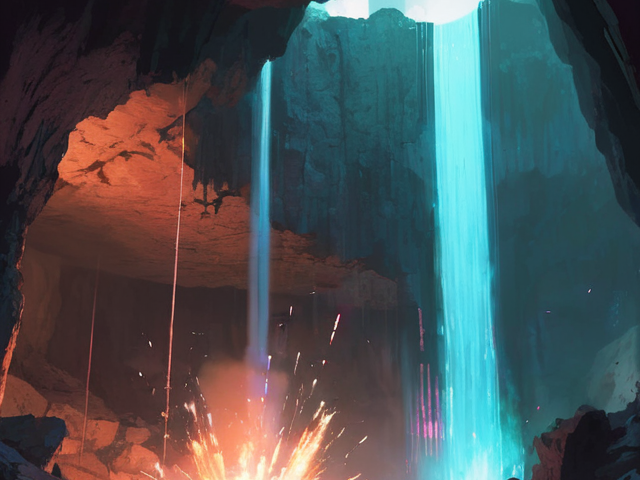 water falling, sparks flying up, fantasy art