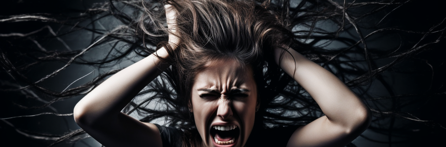 a woman, pulling her hair, visible signs of distress, frustration, losing it