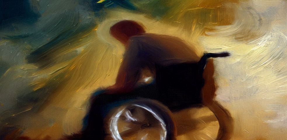Painting image of a person in a wheelchair looking sad