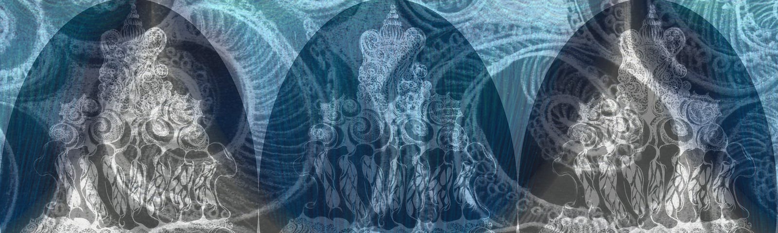 Abstract image of swirling bones in the shape of a cupcake in ovals grey and blue.