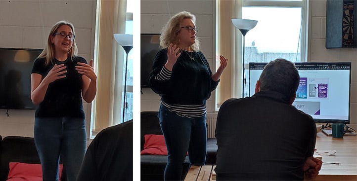 On the left, Alice stands, describing her new company and offering. On the right, Jo stands and talks about the design work she’s showing on a large TV.