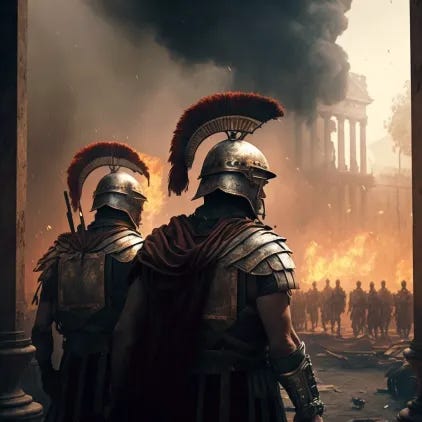 roman soldiers looking on as a city burns