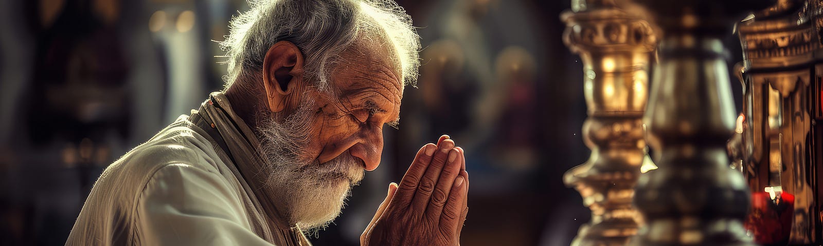 Mature man in a church prays in a prayer gesture. Man in prayer, church interior. Contemplative Prayer.