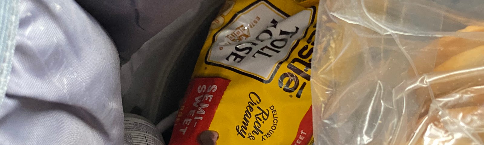 bag of chocolate chips inside a diaper bag