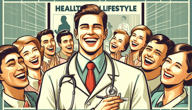 A laughing doctor surrounded by other laughing people.
