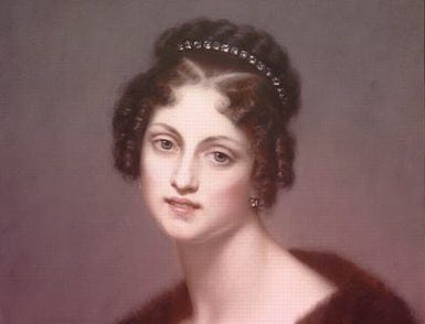 Dorothea, Duchesse de Dino wearing a fur shawl and a row of diamonds in her brown curly hair.