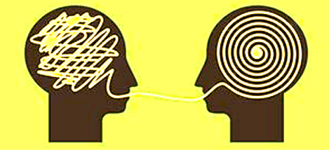 Ilustração de duas cabeças posicionadas frente a frente, conectadas por um fio. Dentro da cabeça à esquerda, o fio está embolado. Dentro da cabeça à direita, o fio está enrolado ordenadamente.