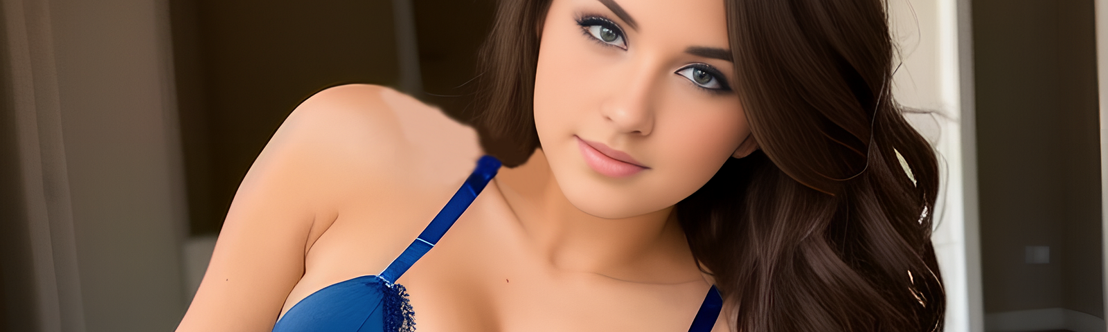 A young woman with brunette hair and blue eyes gazes at the camera, wearing blue lingerie.