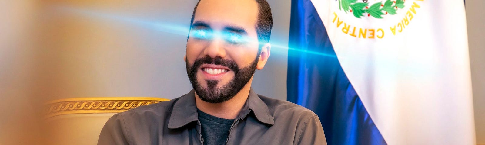 The President of El Salvador’s current Twitter profile pic. Blue lasers beam from his eyes.