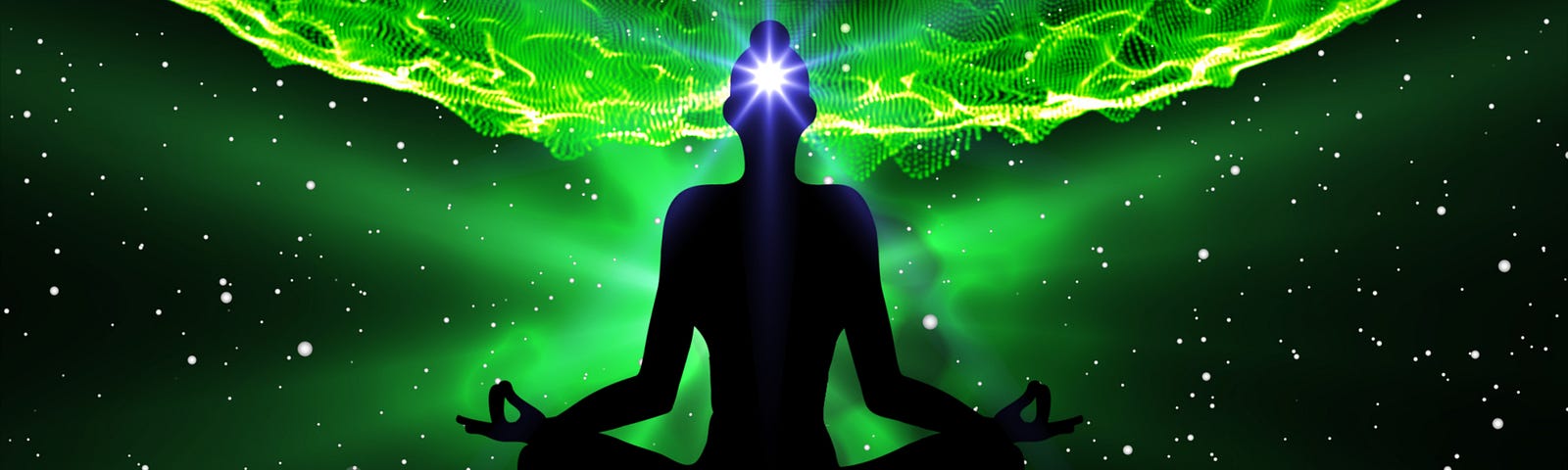 A person sits in the lotus position in an outer space themed background. The person’s third eye chakra is lit up white with blue rays emanating while they sit above a planet highlighted in green. They are ascending spiritually.