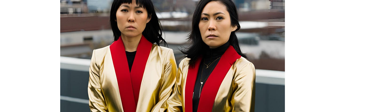 Two Japanese-American women, thirty-three years old, wearing gold-colored long jackets with red lapels, looking very serious, arms folded, in the background is a dark cloudy futuristic city