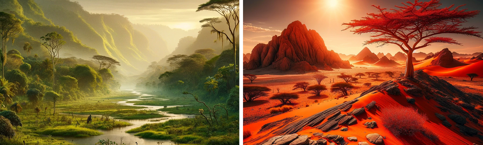 Image created by the Editor via DALL-E 3: A contrasting dual vision of rural Mozambique: 1) The lush tropical environment between the Save and Limpopo rivers, vibrant with the region’s rich biodiversity. 2) A dramatic and desolate landscape, marked by solitary baobab and tamarind trees, capturing the tragic beauty and resilience of nature.
