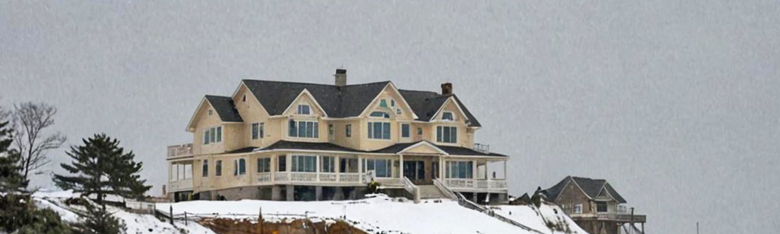 Large oceanfront home on a snowy day