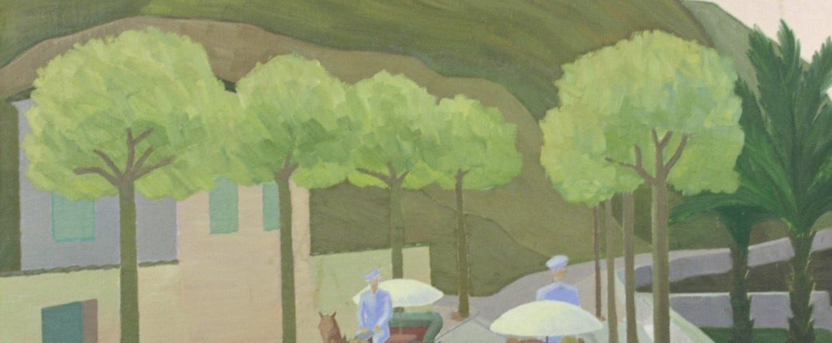 A painting showing two horse-drawn carriages on a street with trees and gardens on both sides.