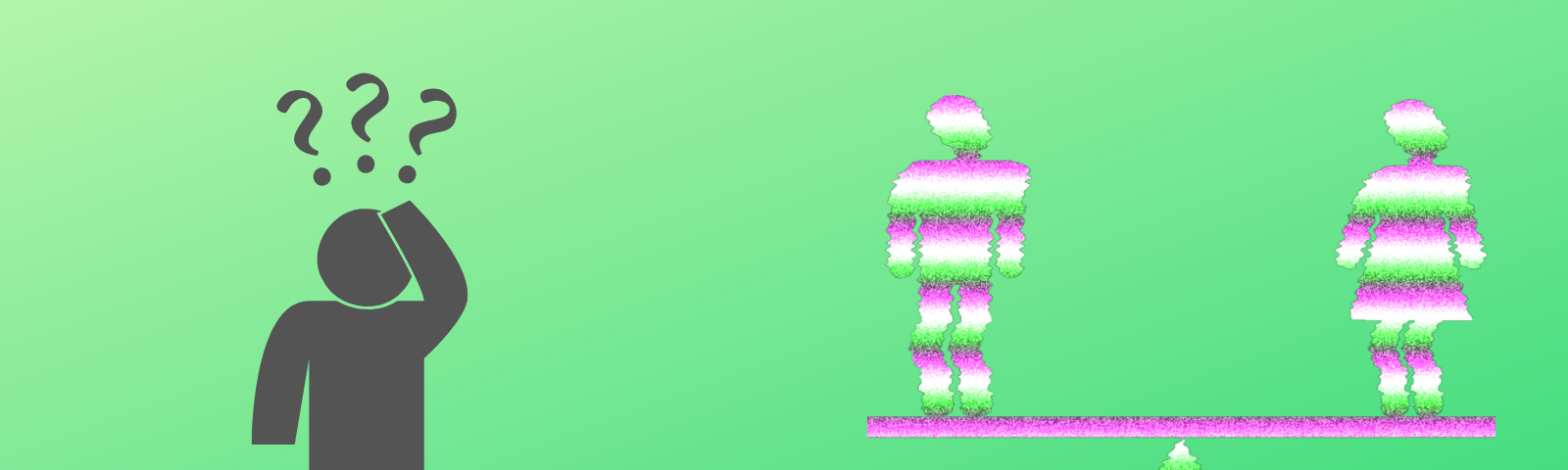Simple illustration of green gradient background with gray block person and question marks over their head next to a seesaw with glitched purple, white, and green block man and woman