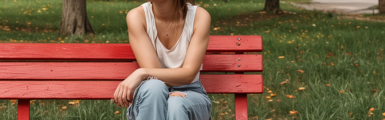 a young woman sits on a red bench looking into the distance