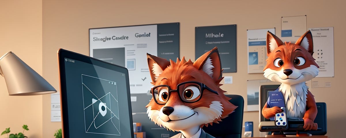 An AI-generated fox in the style of a Pixar 3D animation, grey suit and sitting at a desk in an office with a computer screen on the desk beside him. There’s another smaller fox emerging out of a smaller screen behind him holding what looks like a remote control in his hand.
