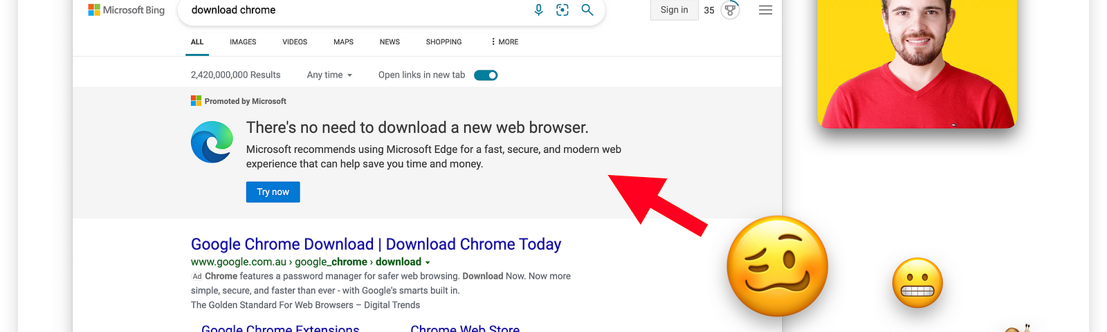 Microsoft’s Edge browser asks a user not to download another web browser.