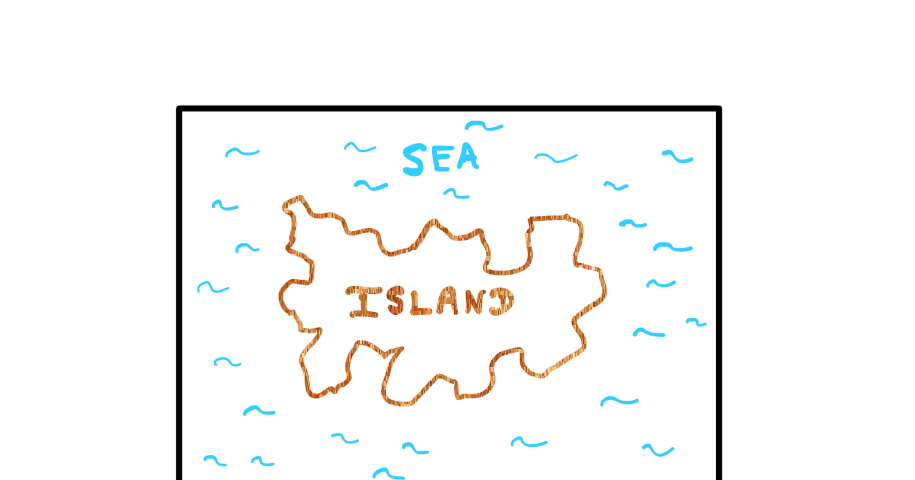 An arbitrary island with an arbitrarily curved and jagged coastline. The coastline of the island is drawn using a peculiar brown colour. The island is surrounded by blue water waves of the sea.