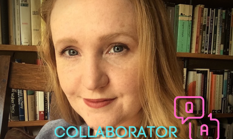 A headshot of Fiona Morgan standing in front of her bookshelf with blue and pink text and the bottom that reads, “Collaborator Q+A.”